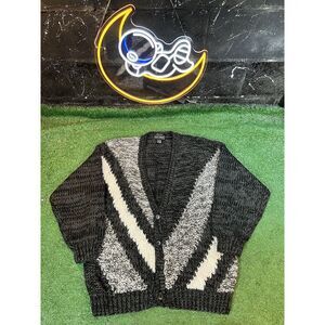 VTG Peter England Mens XL Handmade 100% Acrylic‎ Blk/Wht/Gry Cardigan Hand Knit
